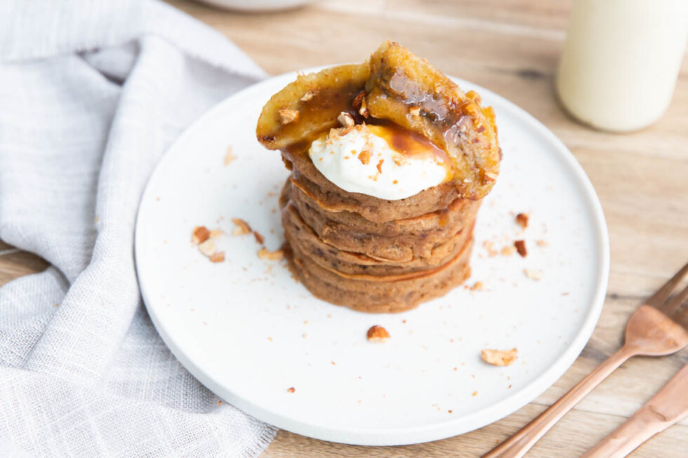 Banana Buckwheat Pancakes with Miso Caramel